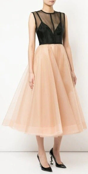 Two-Tone Fit & Flare Midi Dress with Sheer Neck and Tulle Skirt