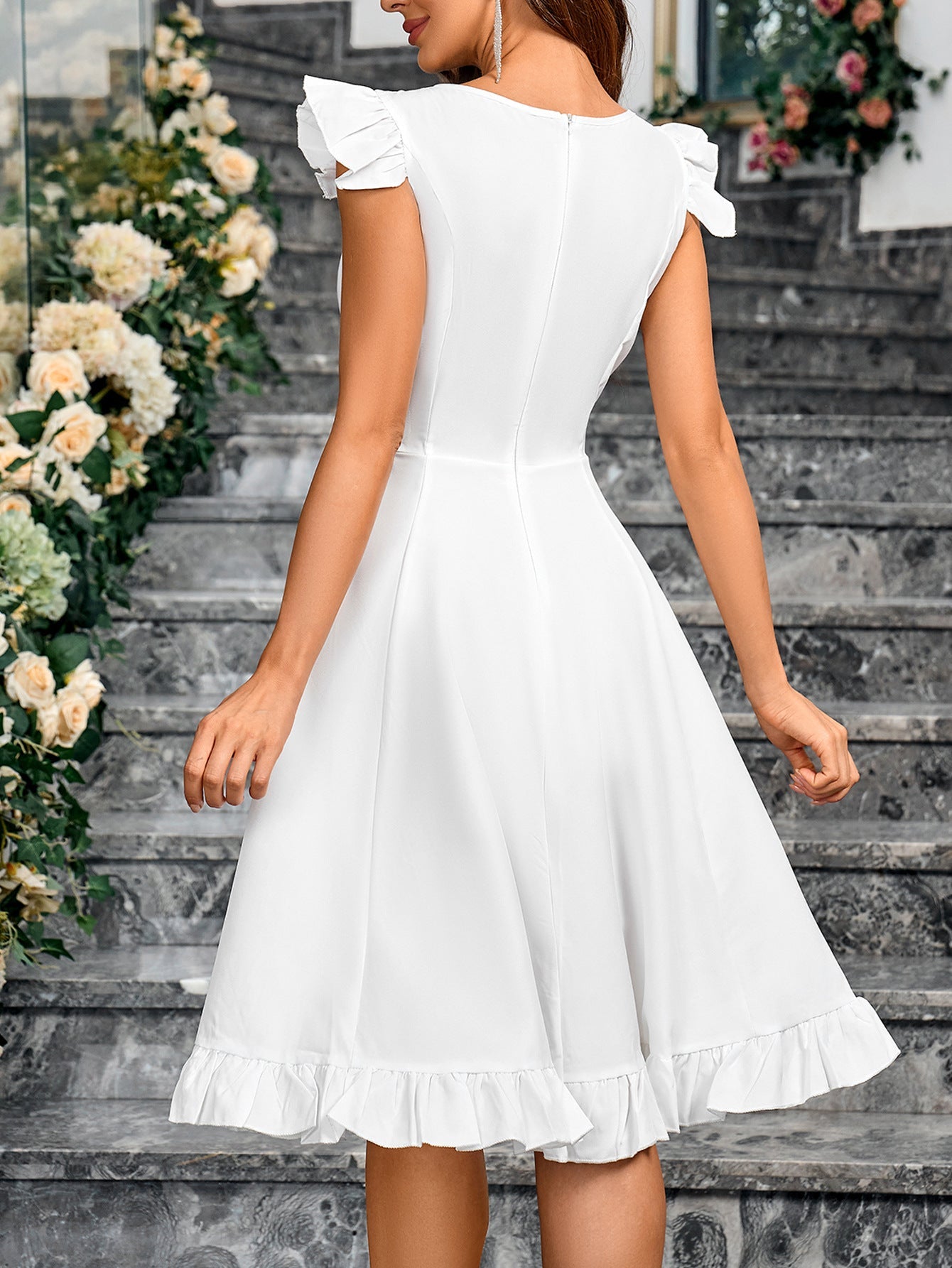 Solid A-Line Midi Dress with Ruffled Sleeves and Hem