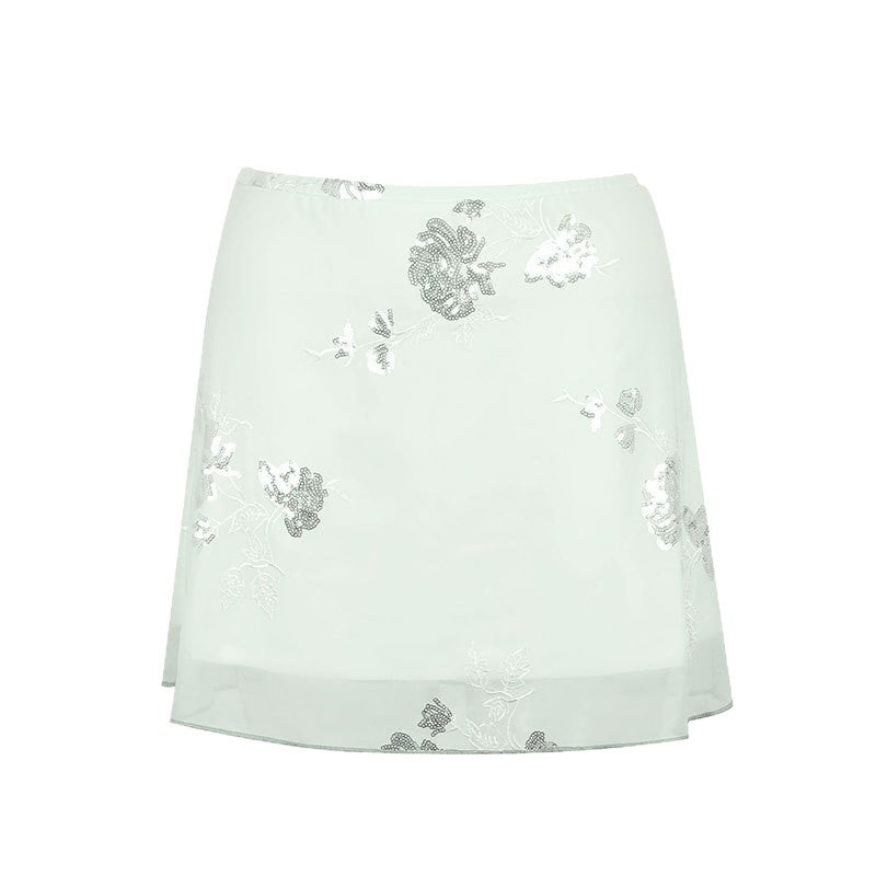 A-Line Mini Skirt with Chinoiserie Embroidery and Sheer Hem