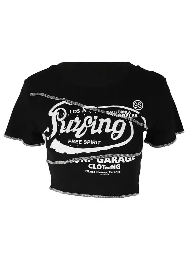 Cropped Letter Print T-Shirt with Exposed Seams