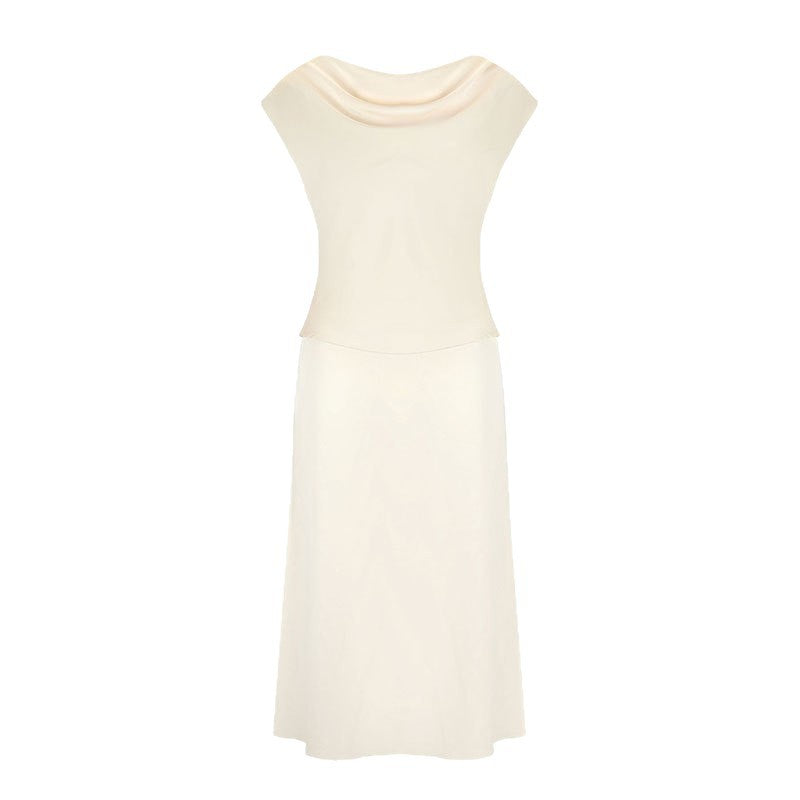 Solid Apricot Satin Skirt Set with Cowl Neck Top and Long Skirt