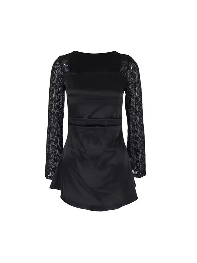 A-Line Mini Dress with Square Neck and Lace Long Sleeves