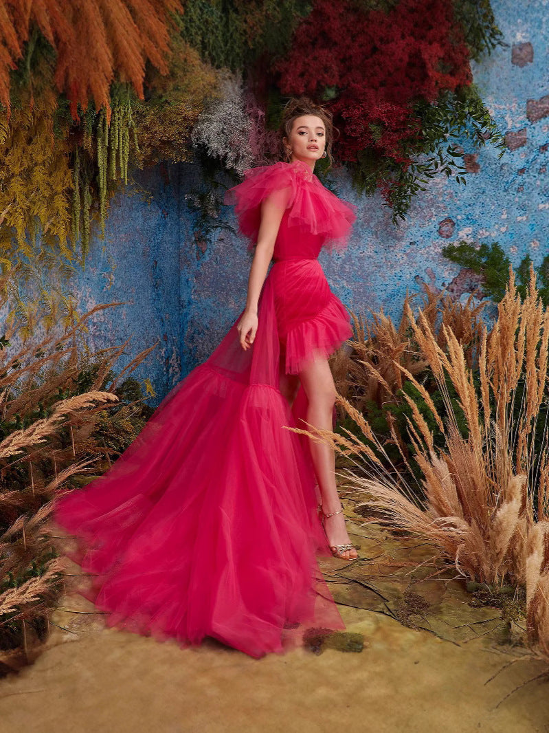 One-Shoulder Tulle Gown with Ruffled High-Low Train