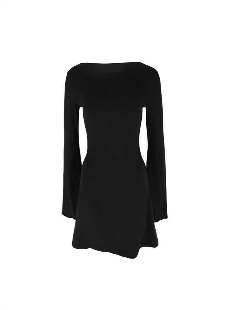 Solid Bodycon Mini Dress with Boat Neck and Bell Sleeves