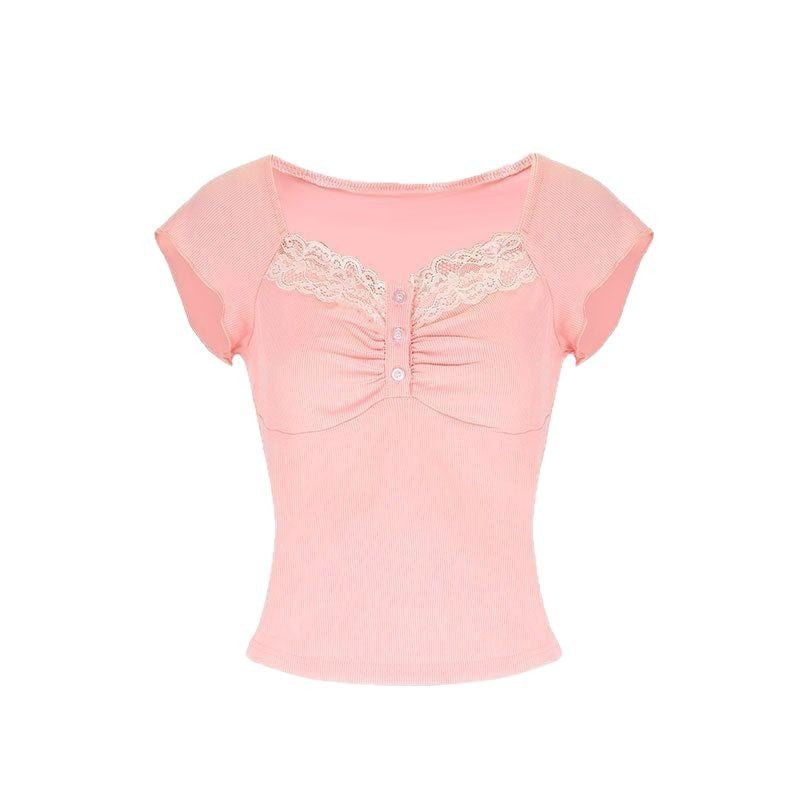 Ribbed Square Neck Top with Lace Trim and Button Detail