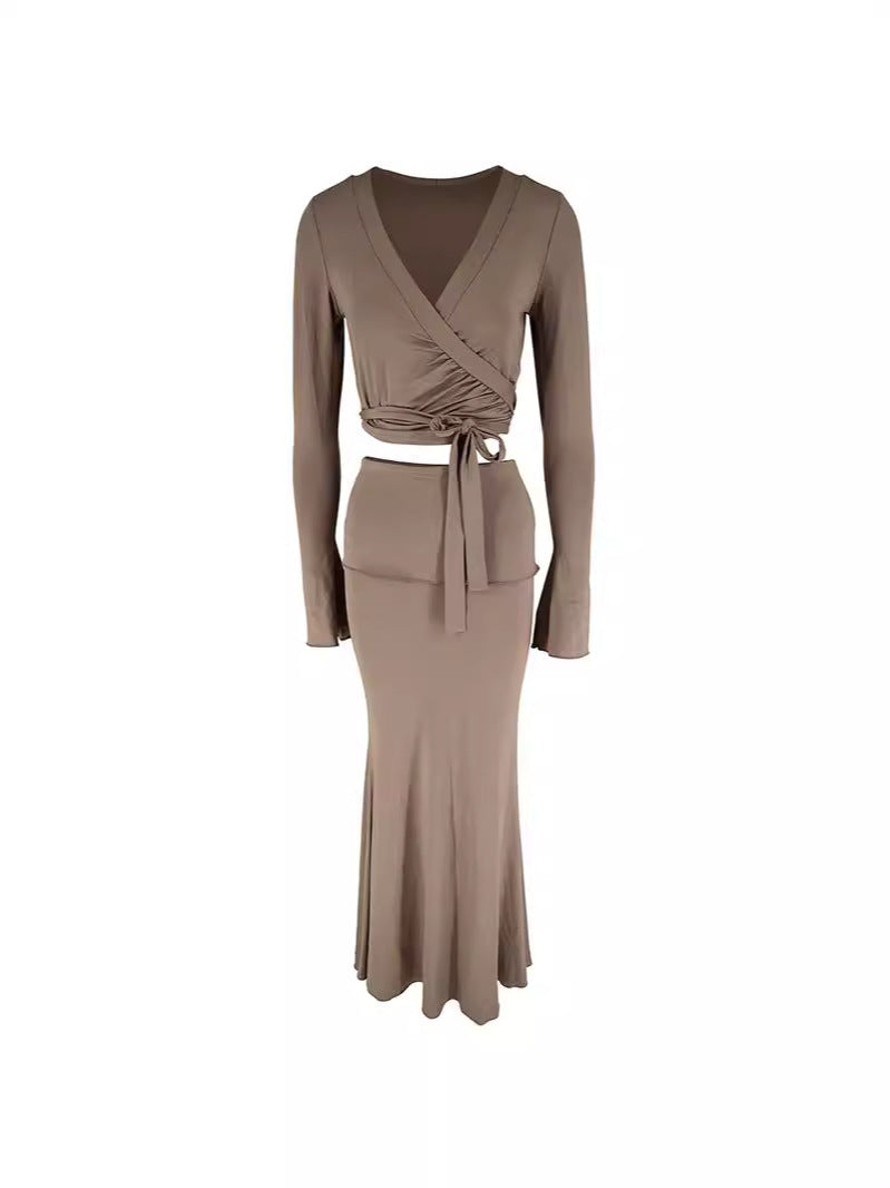 Solid Two-Piece Set with Wrap Top and Mermaid Maxi Skirt