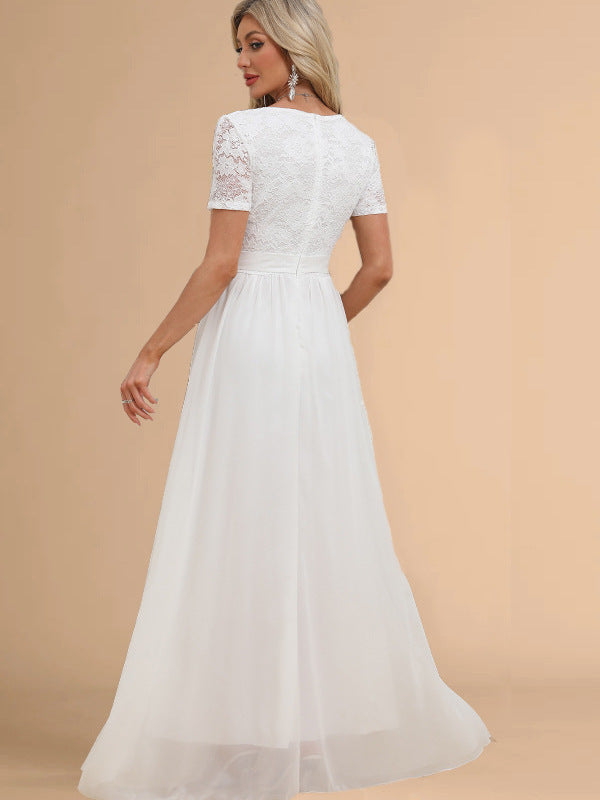 A-Line Maxi Dress with Lace V-Neck Bodice and Chiffon Skirt