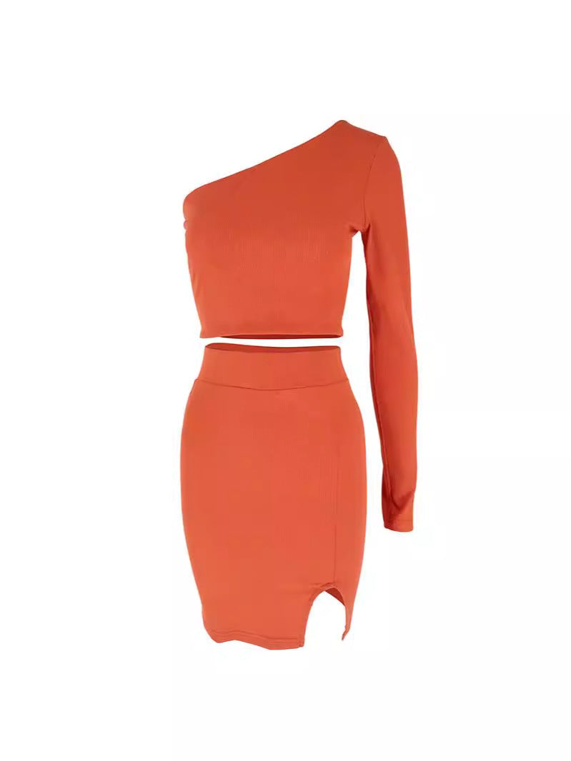 Ribbed Knit Skirt Set with One-Shoulder Crop Top and Front Slit