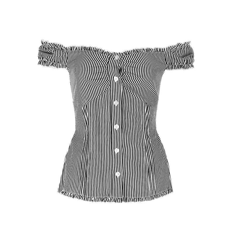 Striped Bardot Blouse with Ruffled Short Sleeves