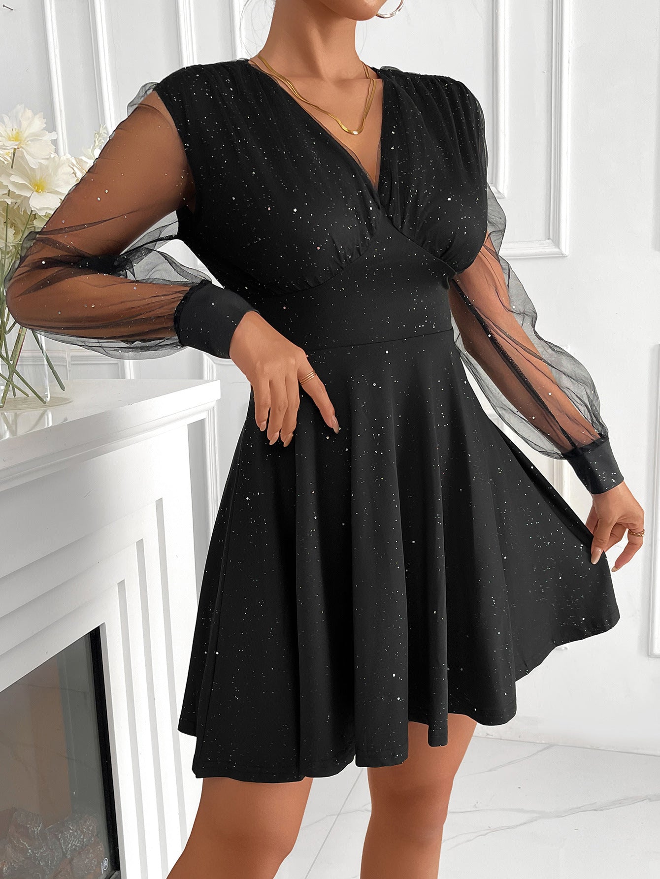 Sparkle A-Line Mini Dress with V-Neck and Mesh Sleeves