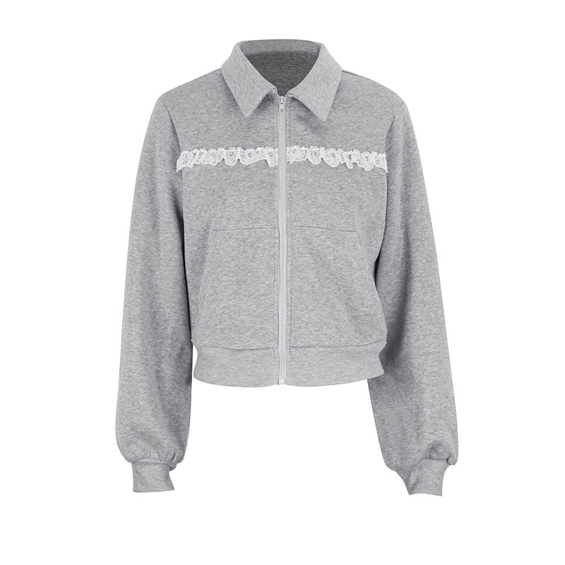 Cropped Zip-Up Jacket with Lapel Collar and Lace Trim