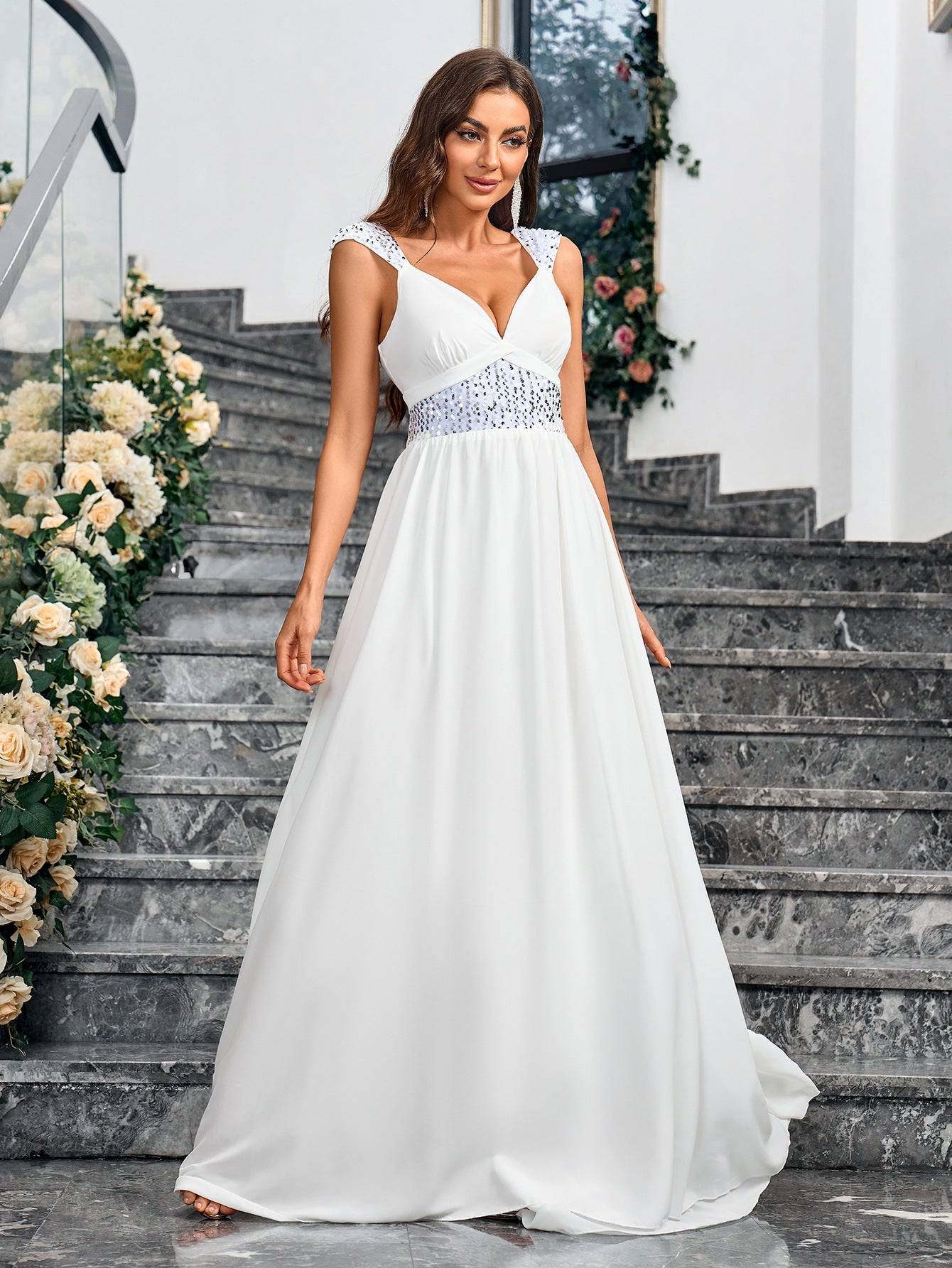 White A-Line Maxi Dress with Sequined Waist and V-Neck