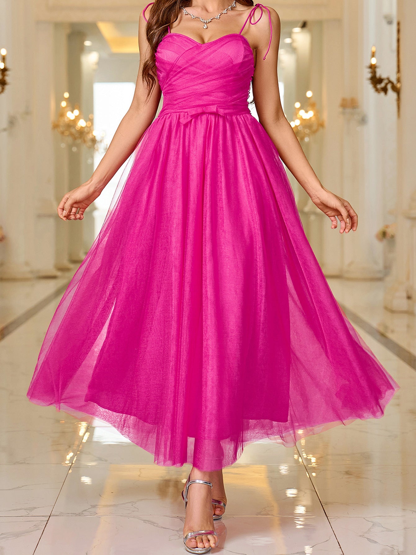 Solid A-Line Mesh Midi Dress with Sweetheart Neckline and Spaghetti Straps
