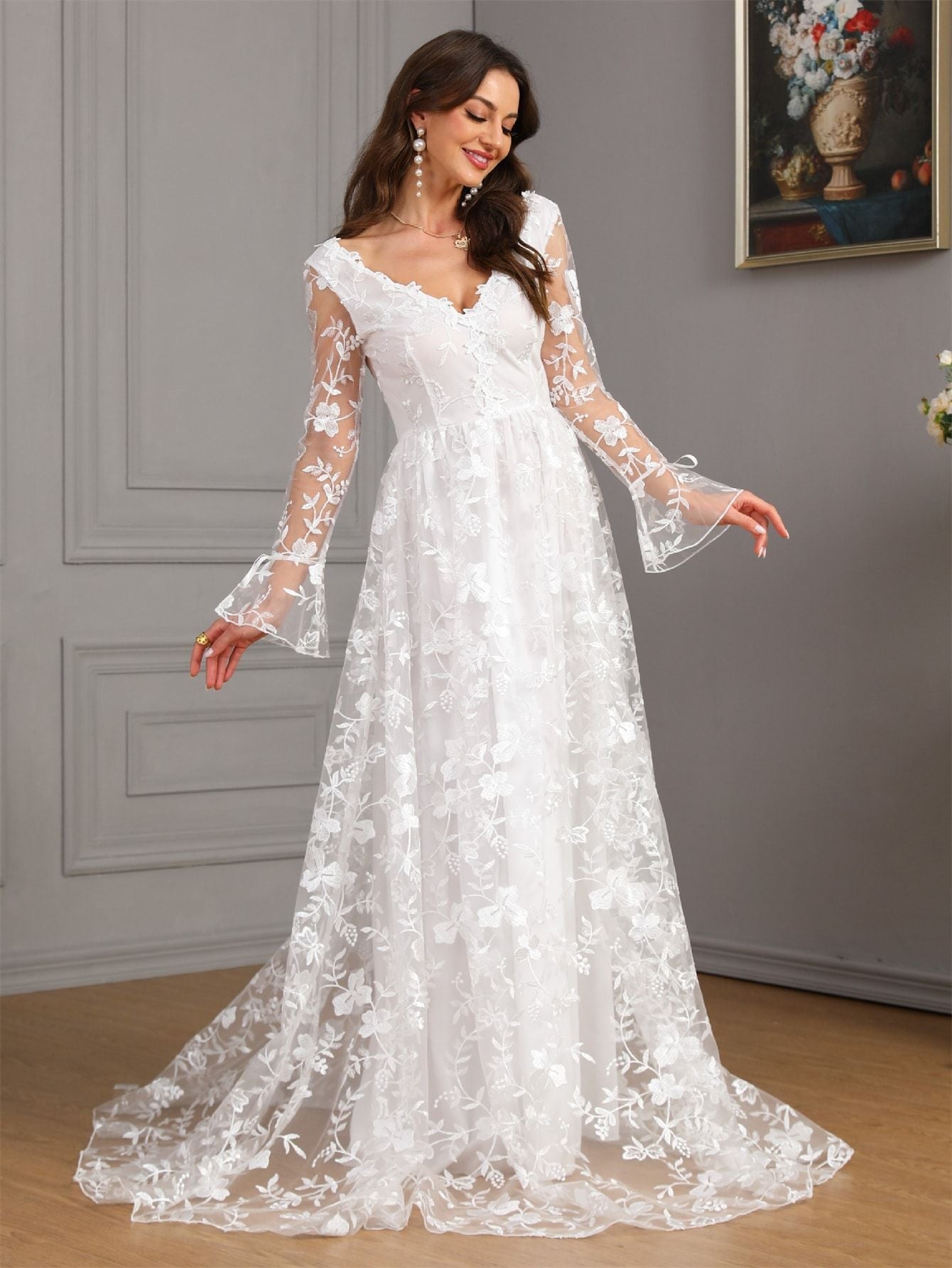 A-Line Wedding Gown with V-Neck, Long Sleeves, and Lace Train
