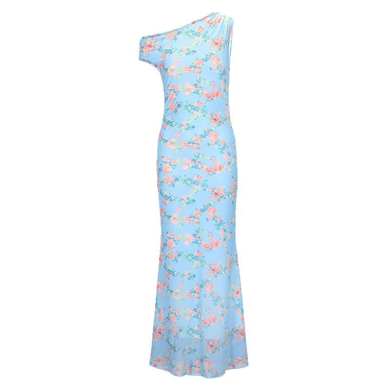 Floral Bodycon Maxi Dress with One-Shoulder and Slit
