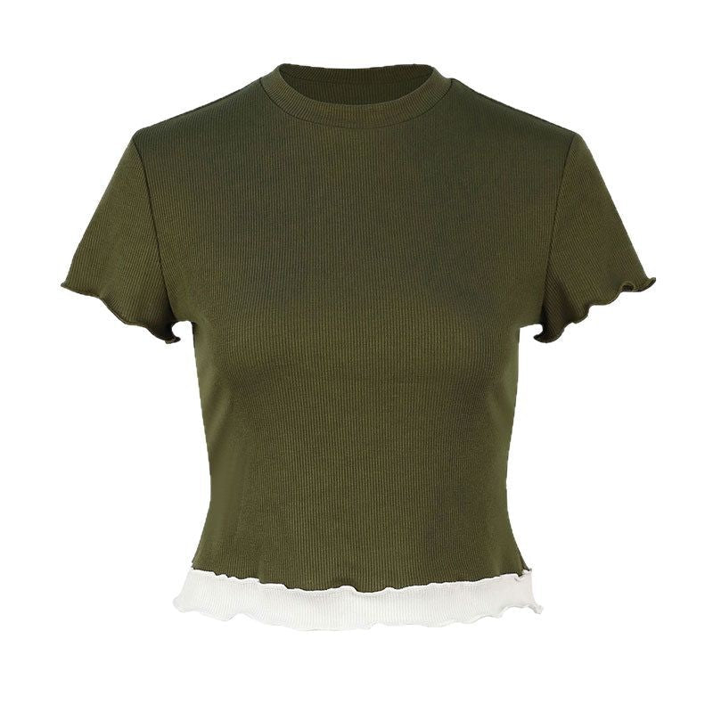 Ribbed Cropped T-Shirt with Contrast Lettuce Edge