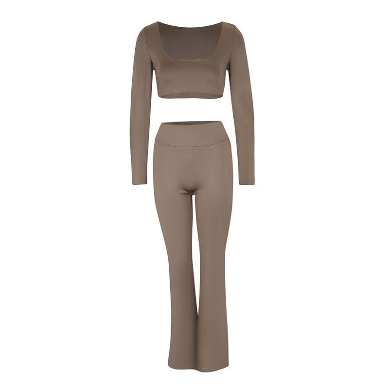 Solid Square Neck Crop Top & Micro-Flared Pants Set