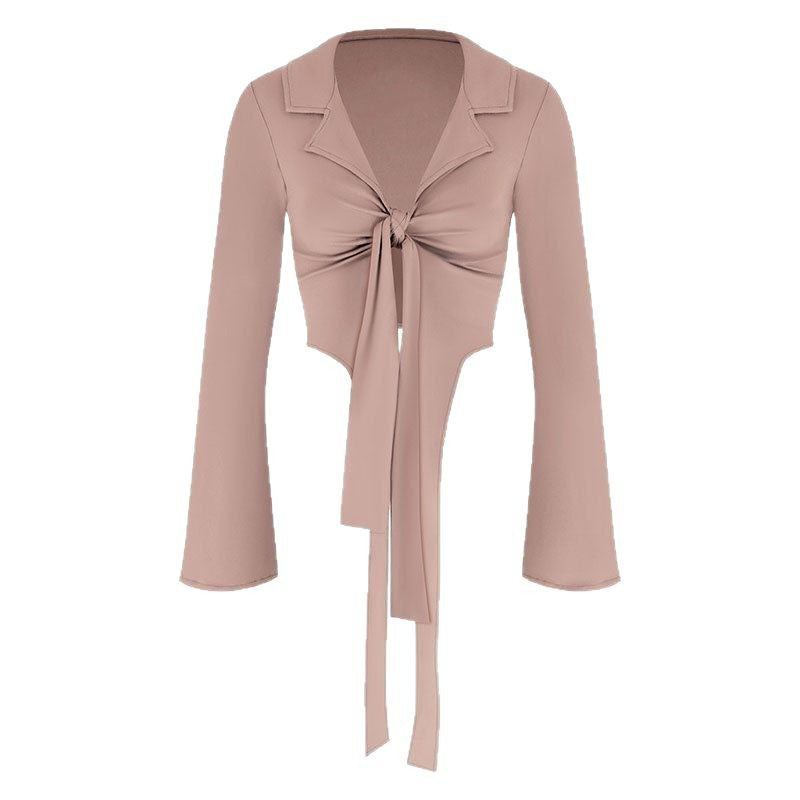 Cropped Tie-Front Long-Sleeve Shirt with Bell Sleeves