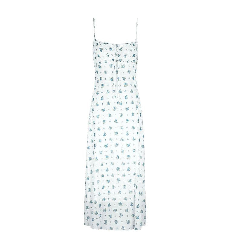 Floral Print Slip Dress with Drawstring Bust and Slit