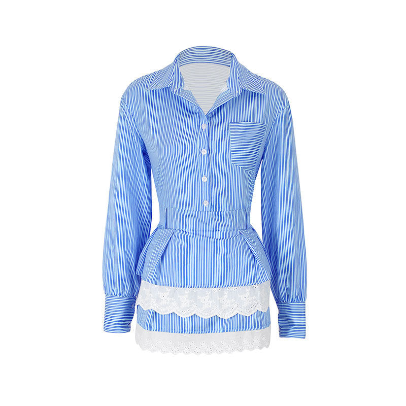 Striped Long Sleeve Shirt Dress with Polo Collar and Lace Hem
