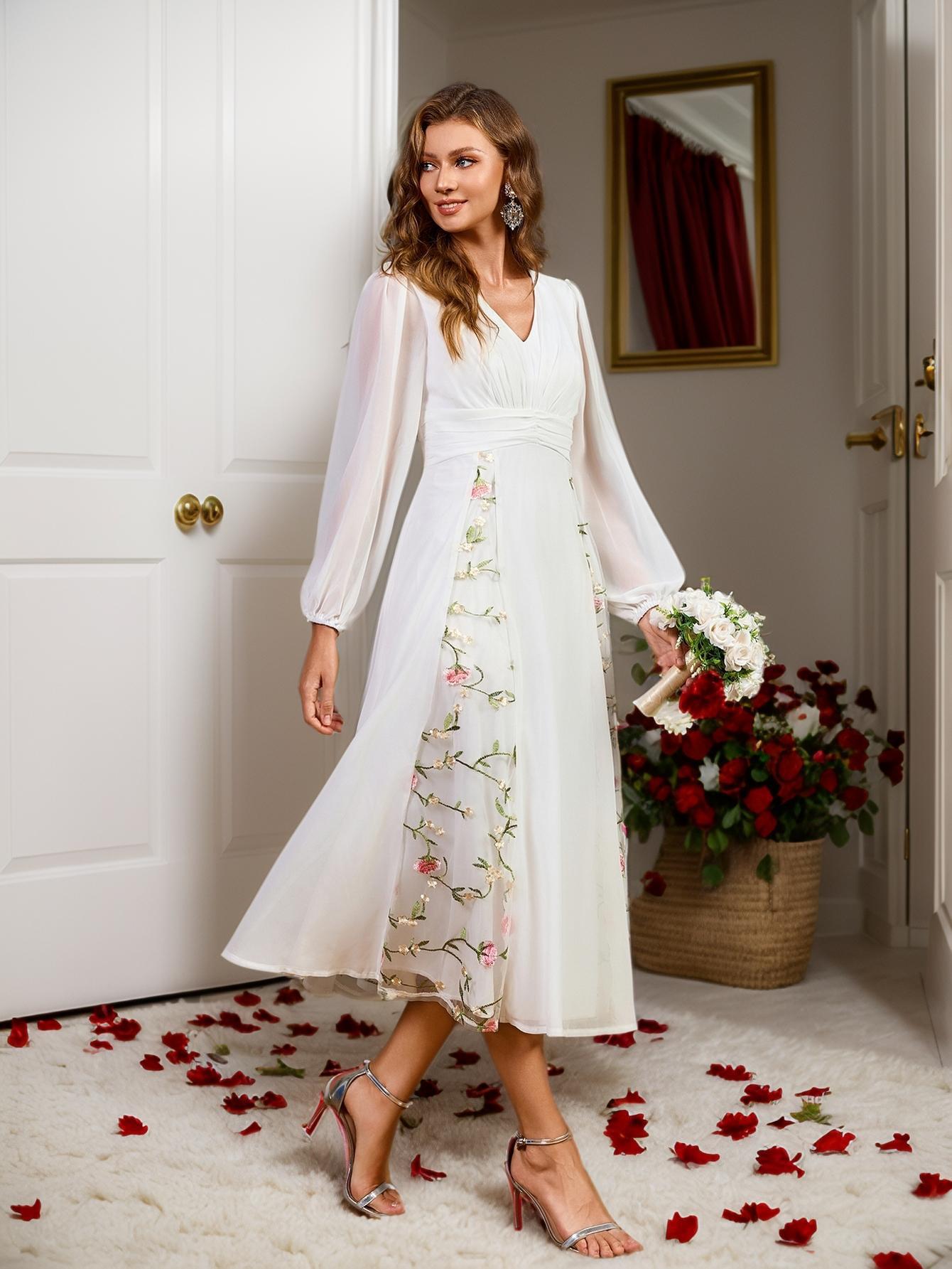 Floral Embroidered Midi Dress with V-Neck and Long Sleeves