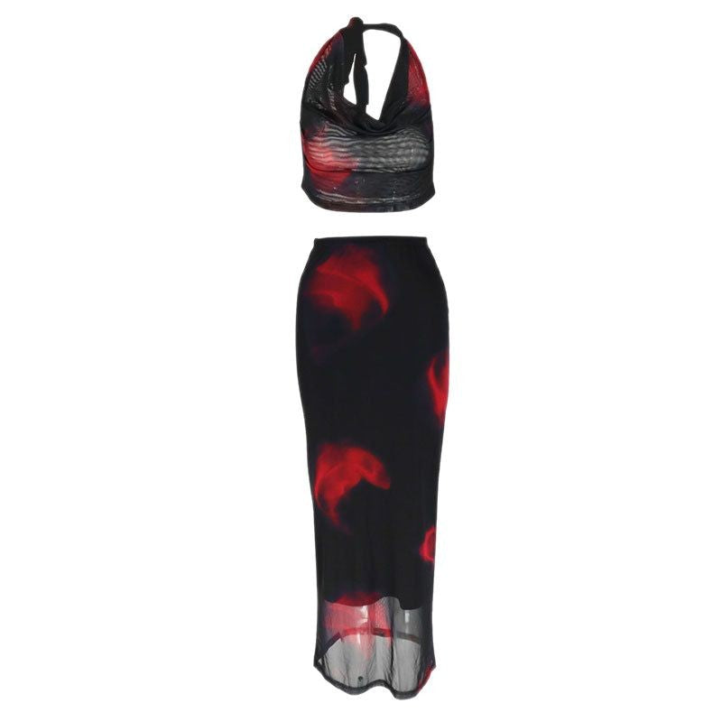 Printed Mesh Halter Maxi Skirt Set with Cowl Neck