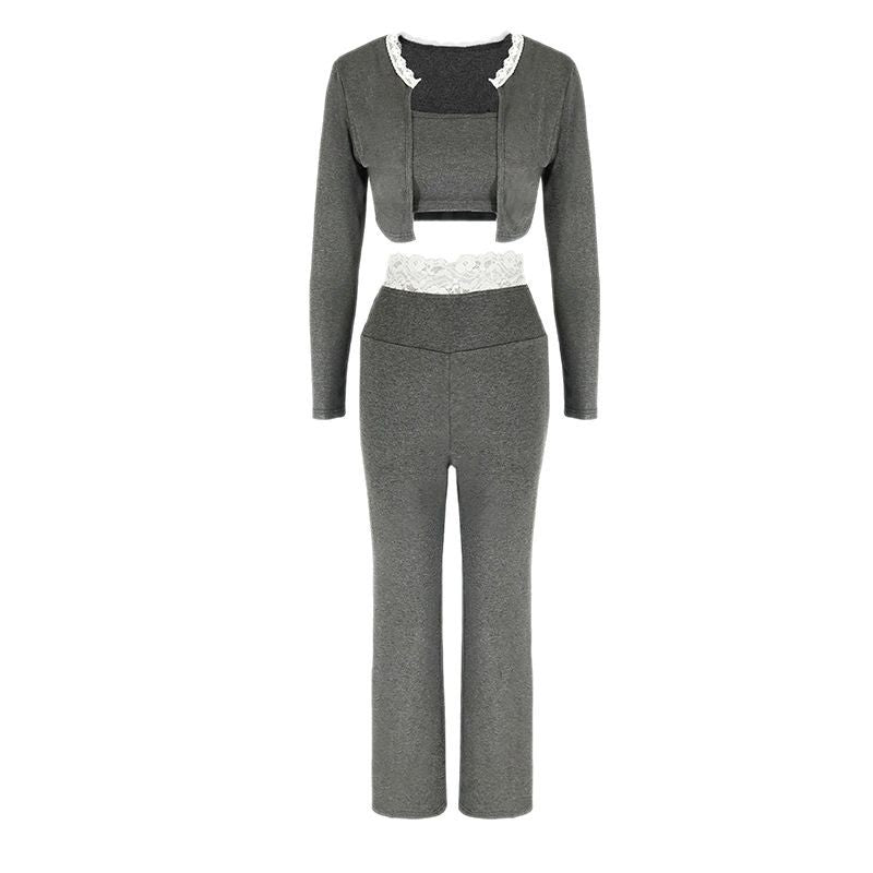 Slim-Fit Cropped Knit Pants Set with Long Sleeve and Lace Trim