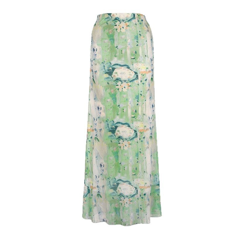 Abstract Floral Fishtail Maxi Skirt with Ruched Waist