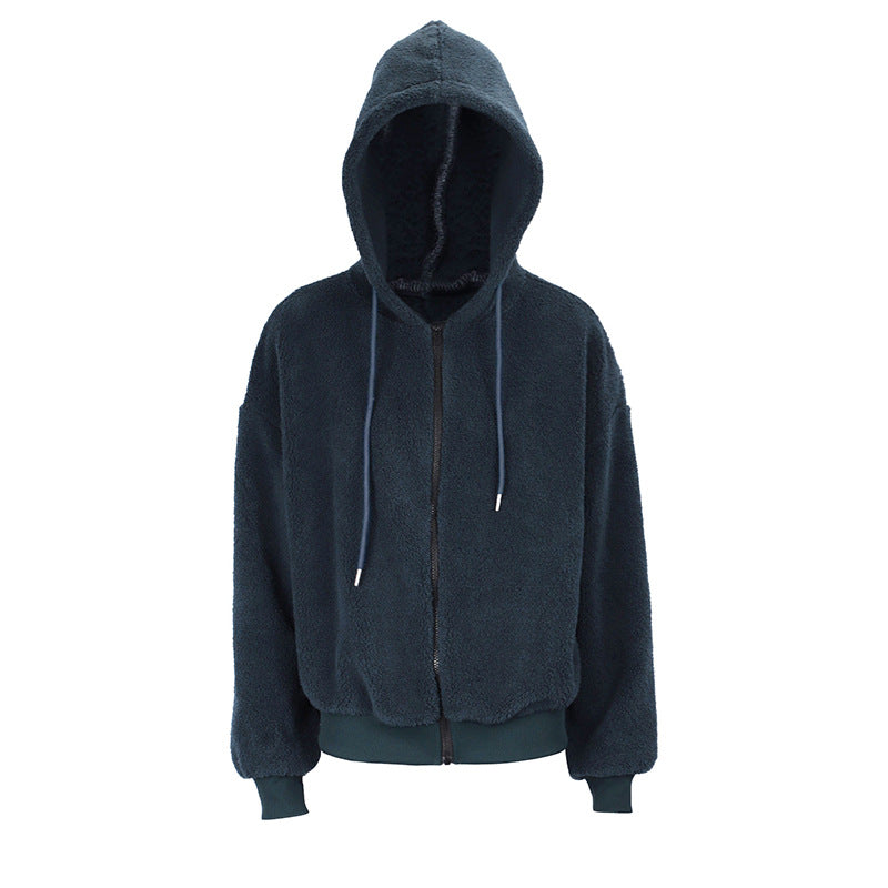 Loose Fit Fuzzy Zip-Up Hoodie with Drawstring