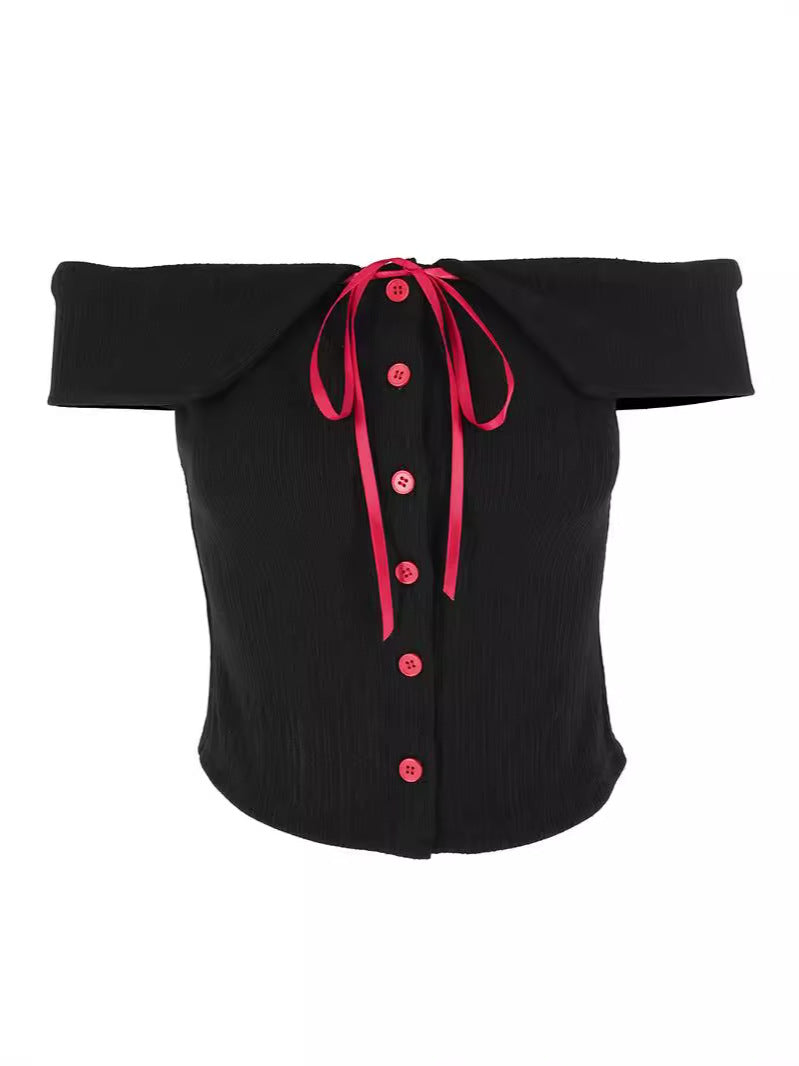 Off-Shoulder Ribbed Cardigan Top with Contrast Bow