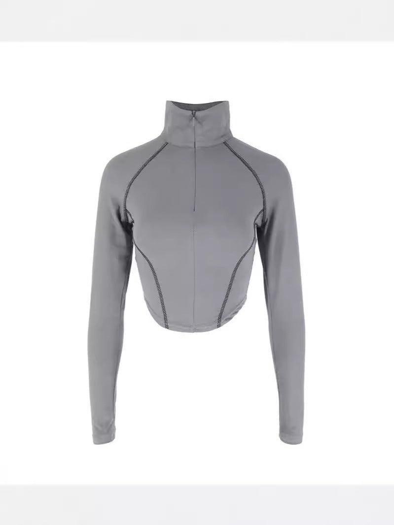 Bodycon Cropped Top with Quarter-Zip and Contrast Stitching