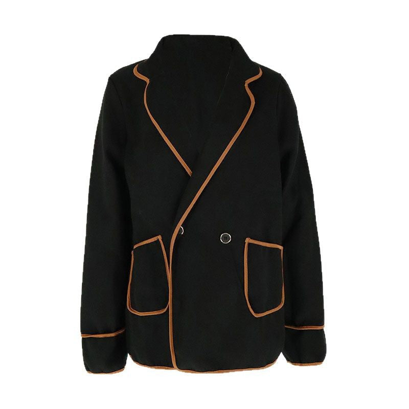 Loose Woolen Coat with Contrasting Trim and Notched Lapels