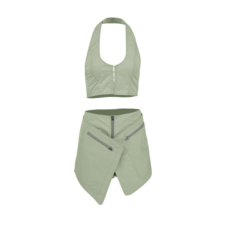 Plain Two-Piece Skirt Set with Halter Backless Top and Wrap Mini Skirt