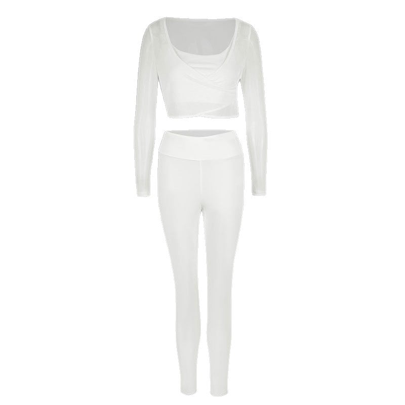 Solid Color Activewear Set with Mesh Crop Top and High-Waist Leggings