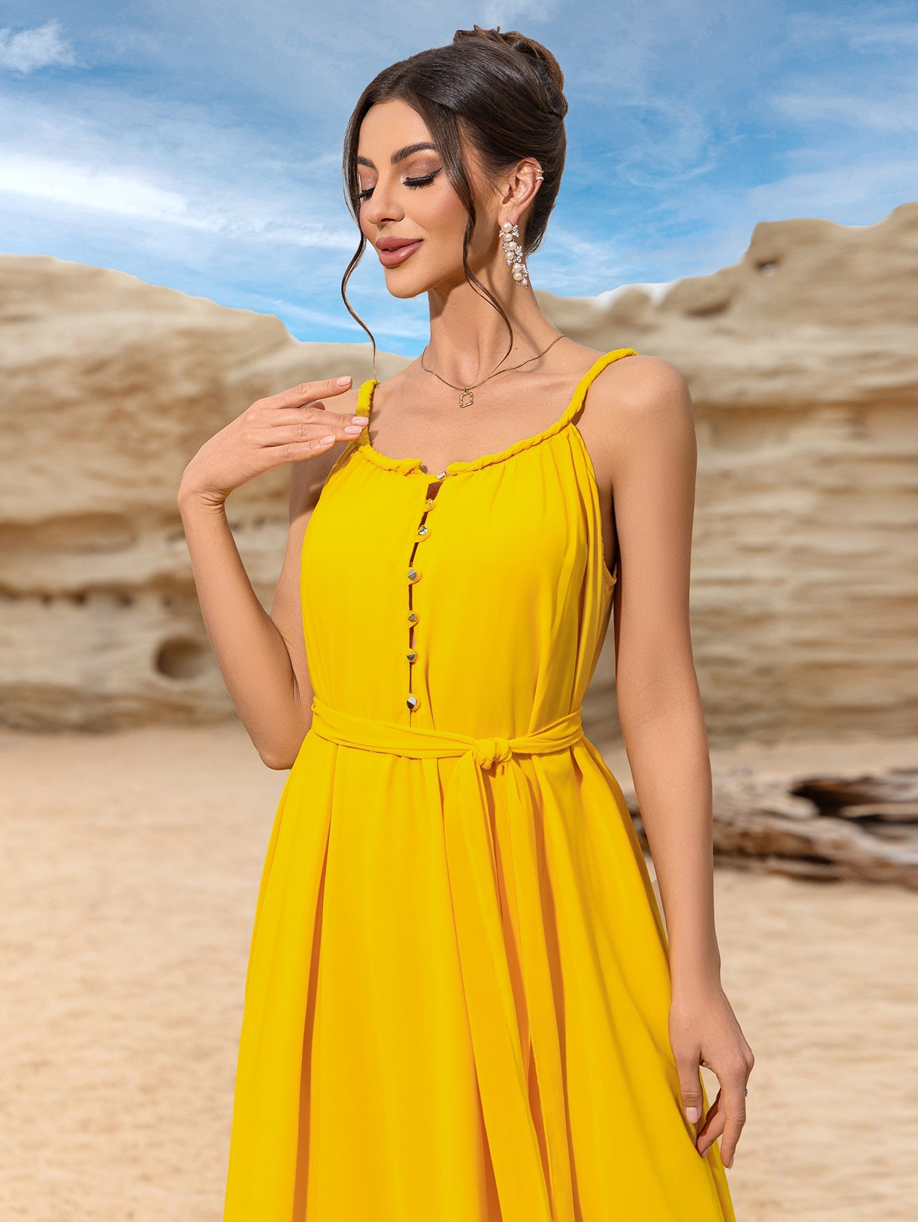 Maxi Dress with Spaghetti Straps and High Tie Waist