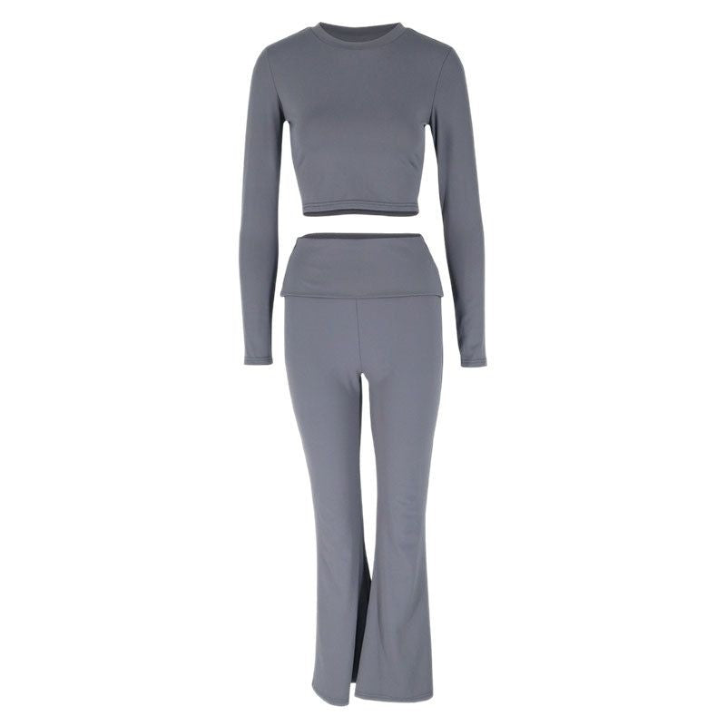 Long-Sleeve Cropped Top and High-Waist Flared Pants Set
