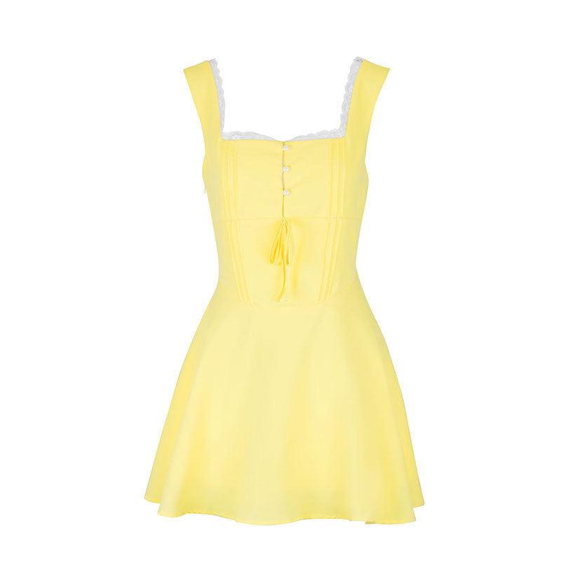 A-Line Mini Dress with Lace Trim Square Neck & Tie Front