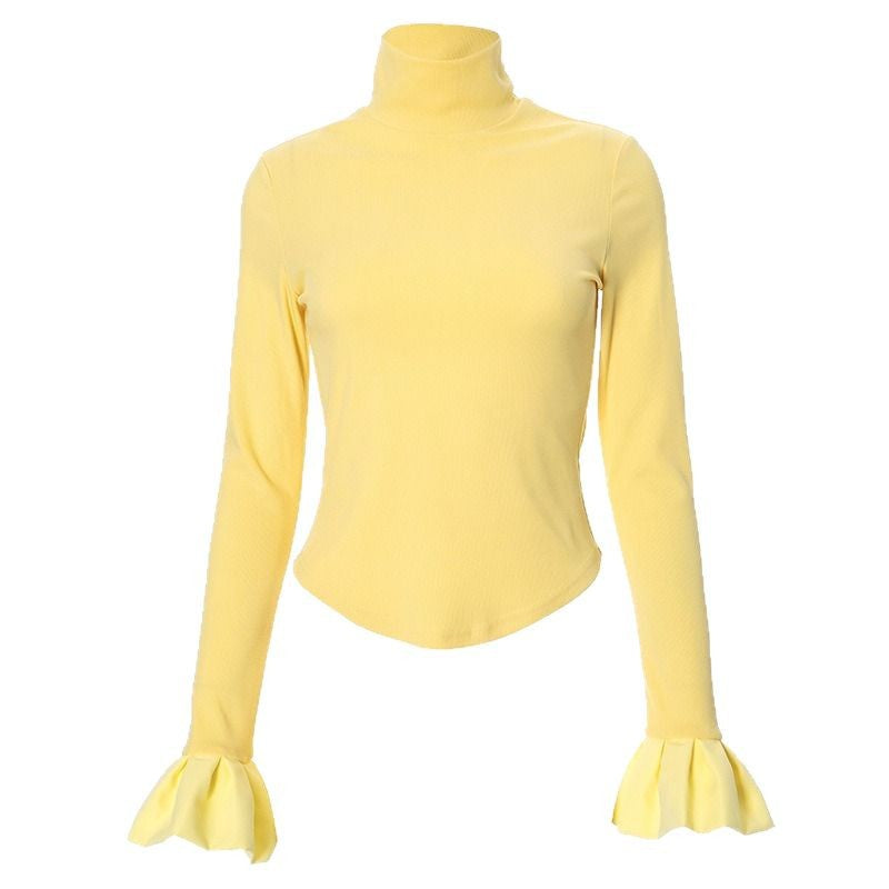 Slim-Fit Cropped Top with Half-High Collar and Ruffled Cuffs