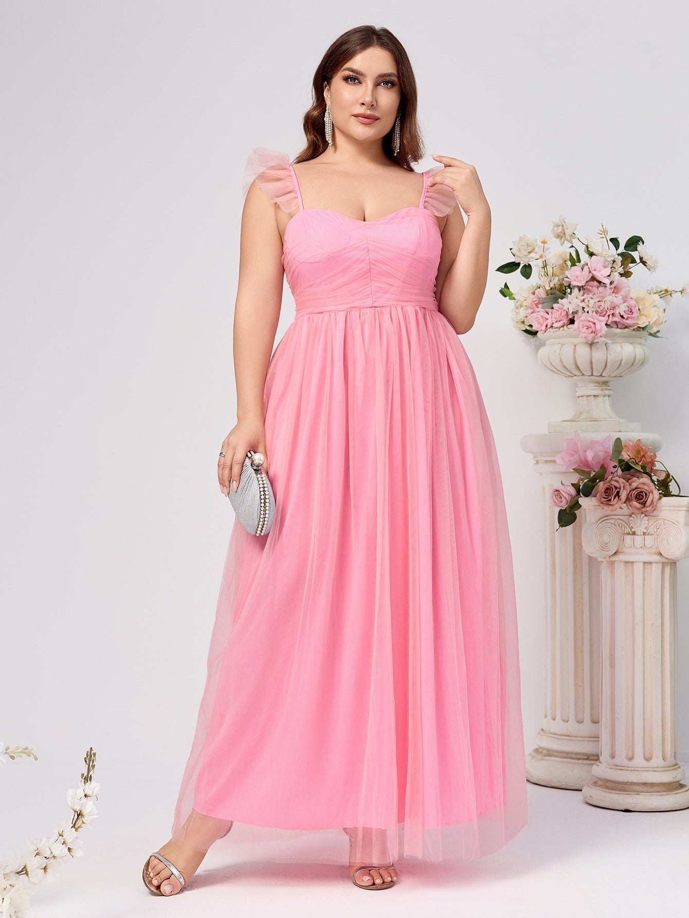 A-Line Midi Mesh Dress with Square Neck and Ruffle Straps