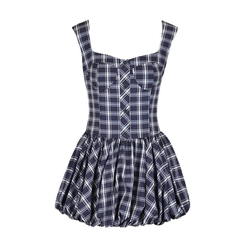 Plaid Mini Dress with Square Neck and Puff Skirt