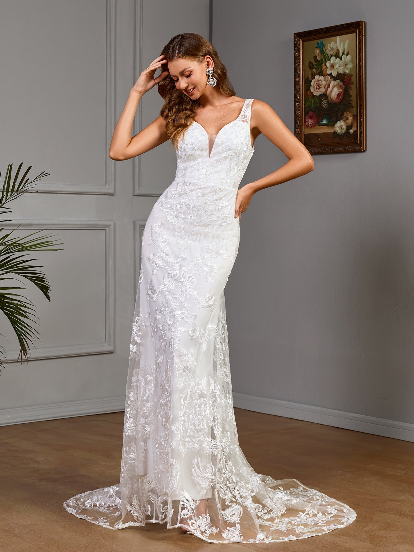 Lace Mermaid Wedding Dress with Deep V-Neck and Low Back