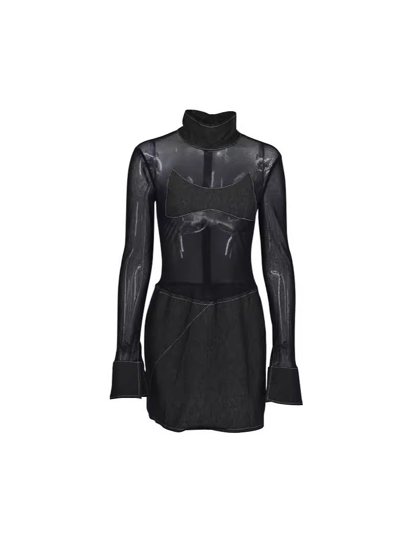 Bodycon Mini Dress with Sheer Mesh Top and Contrast Stitching