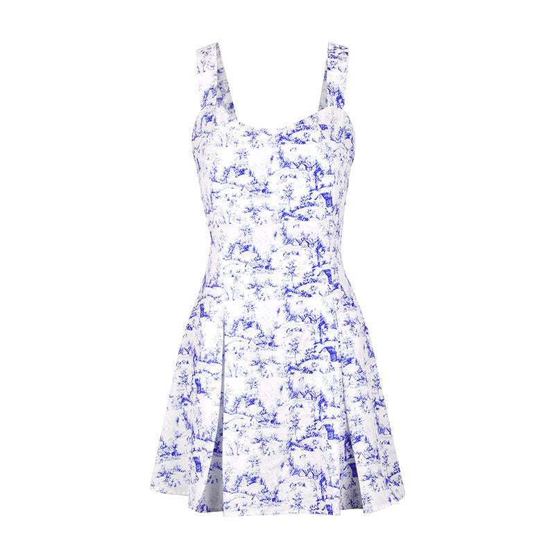 Toile Print A-Line Mini Dress with Sweetheart Neckline and Backless Detail