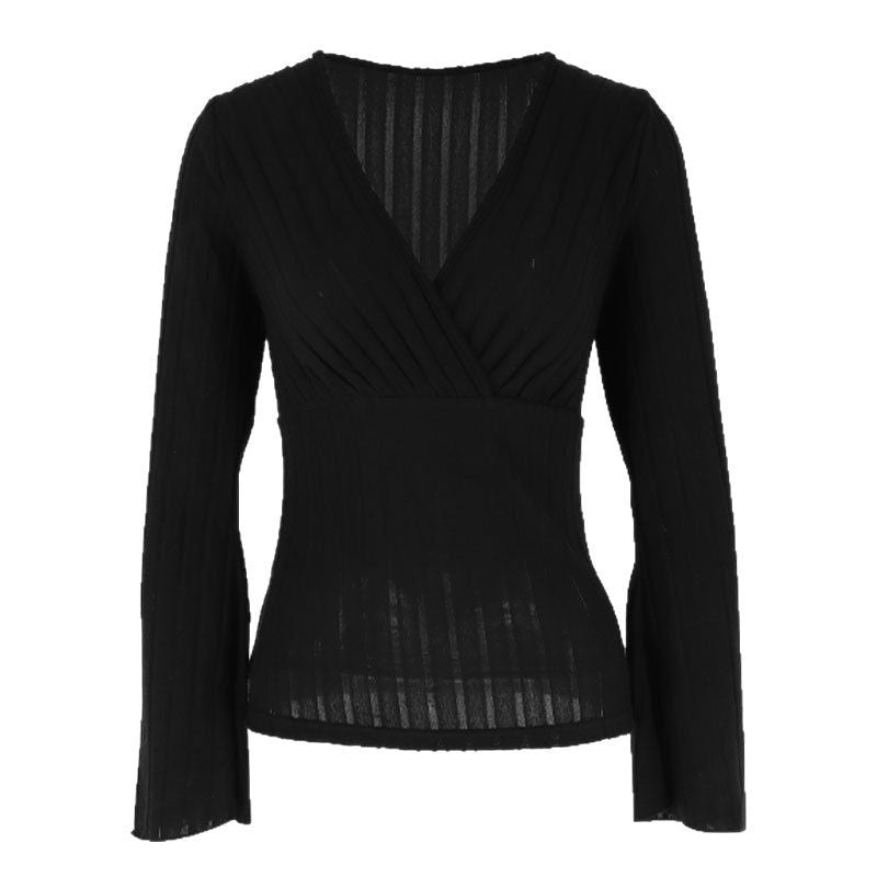 Ribbed Knit Top with Wrap V-Neck and Bell Sleeves