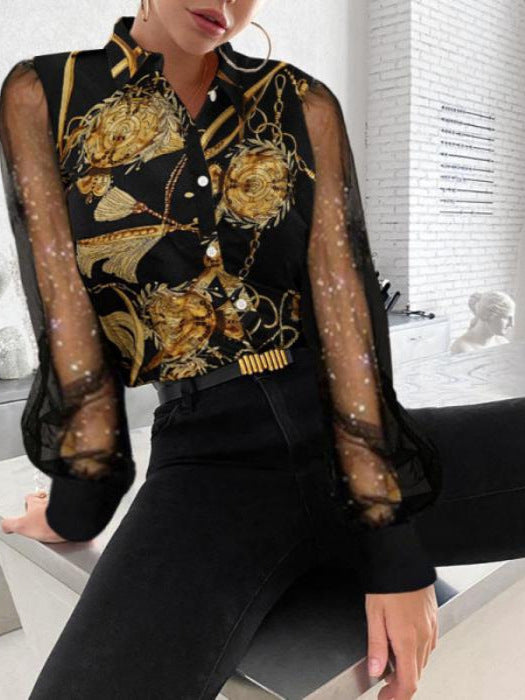 Baroque Print Button-Down Shirt with Sheer Mesh Sleeves