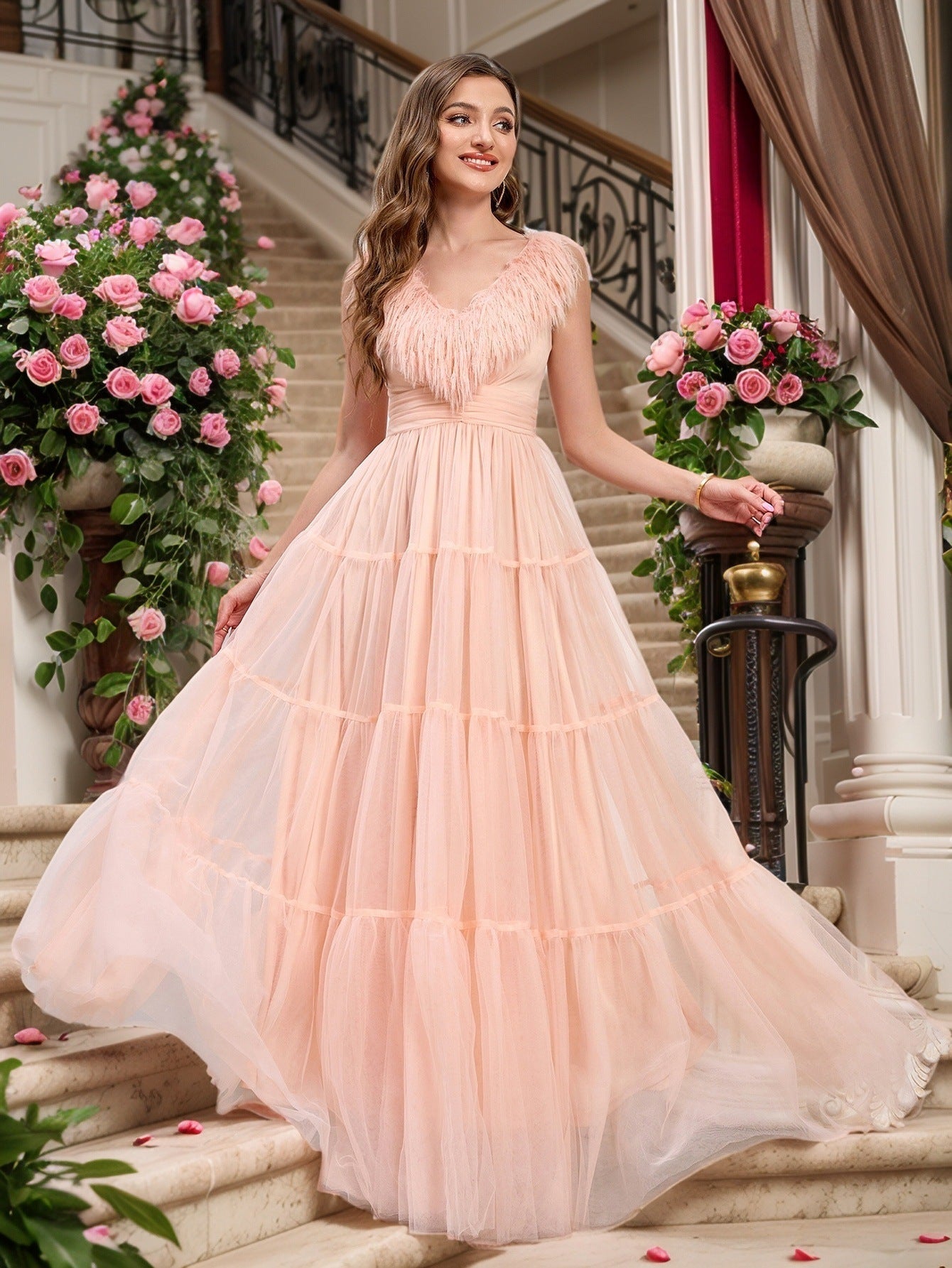 Tiered Tulle Maxi Dress with V-Neck and Feather Trim