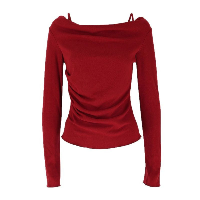 Swing Collar Long-Sleeve Knit Top with Strap Detail