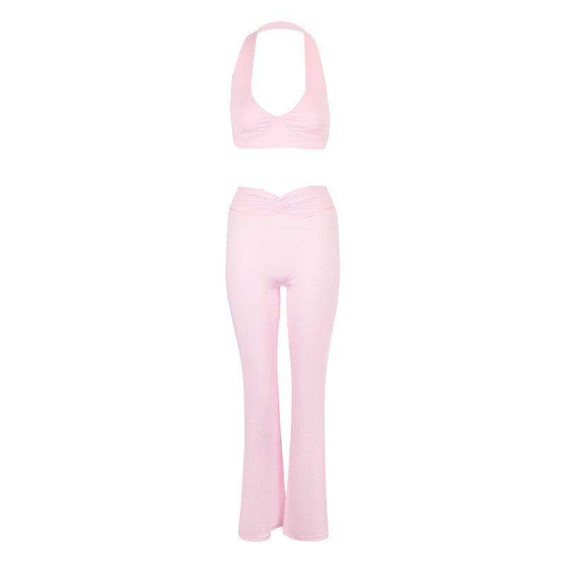 Halter Crop Top & Flared Pants Set with Ruched Waist