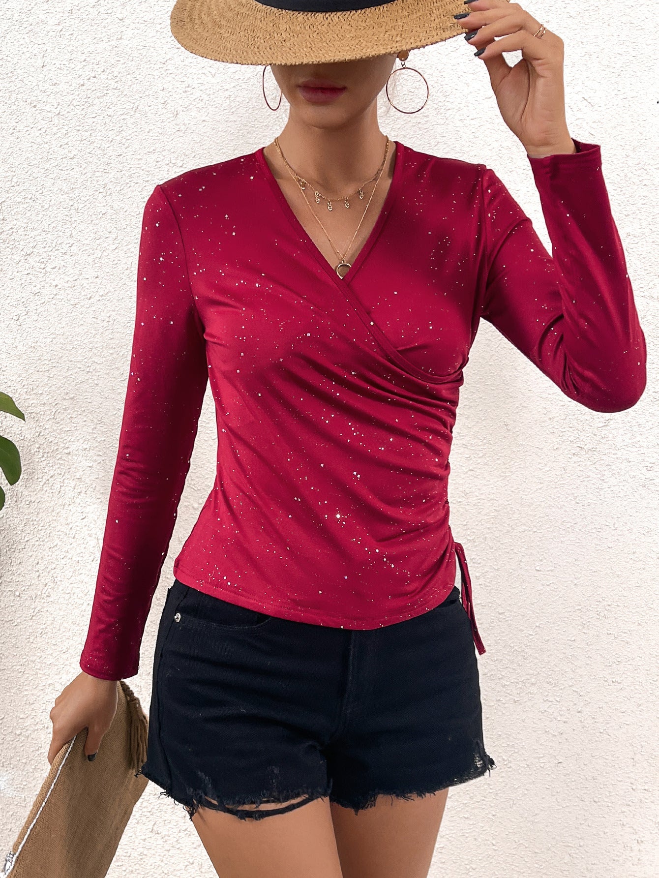 Slim Fit Sparkle Wrap Top with Side Drawstring