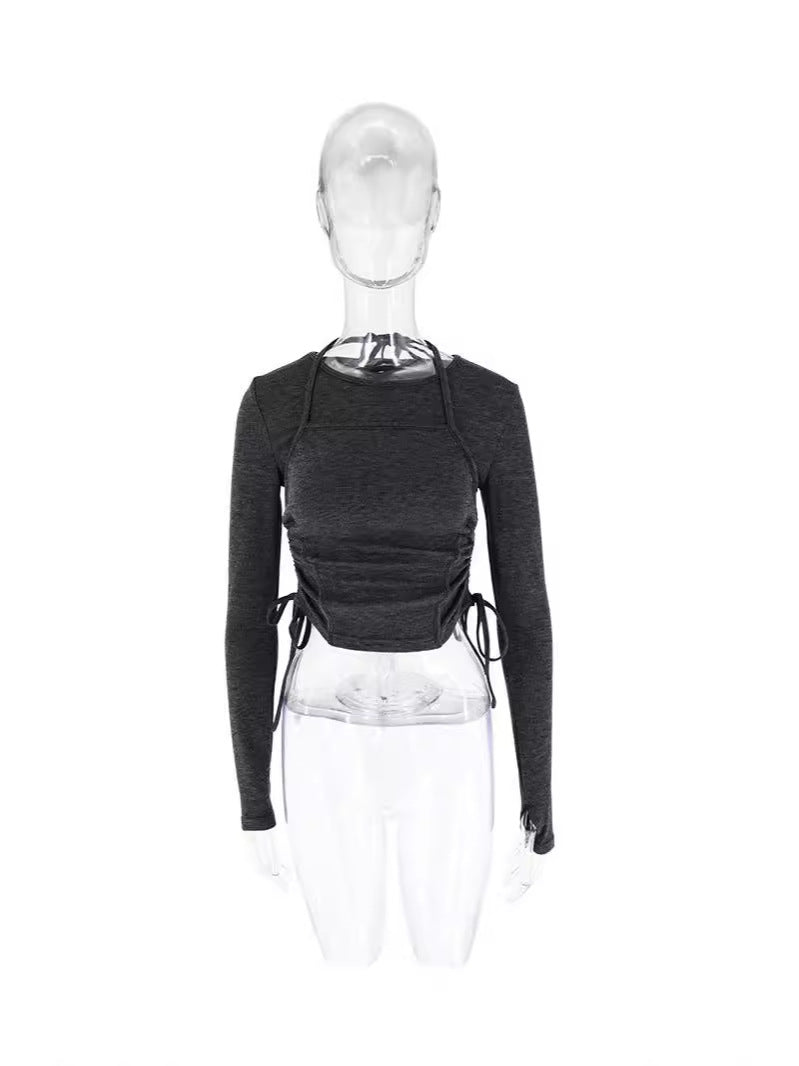 Solid Slim Fit Cropped Top with Square-Neck Overlay and Side Ruching